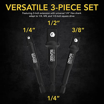 LEXIVON Impact Grade Socket Adapter Set, 3" Extension Bit With Holder | 3-Piece 1/4", 3/8", and 1/2" Drive, Adapt Your Power Drill To High Torque Impact Wrench (LX-101) - style: Impact Socket Adapter