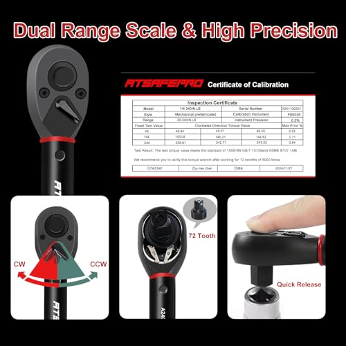 ATsafepro 1/4" Torque Wrench (20-240 in-lb / 2.3-27.1 Nm) -Dual Scale, 72-Tooth Ratchet, ±3% Pre-Calibrated Accuracy, Suitable for Bike & Bicycle Maintenance - style: 1/4" 20-240 IN.LB Torque Wrench