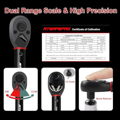 ATsafepro 1/4" Torque Wrench (20-240 in-lb / 2.3-27.1 Nm) -Dual Scale, 72-Tooth Ratchet, ±3% Pre-Calibrated Accuracy, Suitable for Bike & Bicycle Maintenance - style: 1/4" 20-240 IN.LB Torque Wrench
