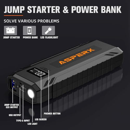 ASPERX Car Jump Starter, 4000A Peak Battery Starter for All Gas or 10.0L Diesel Engines, 12V Battery Starter, Jump Box with USBA, Lithium Battery Booster with Built-in LED Light - color: Ink