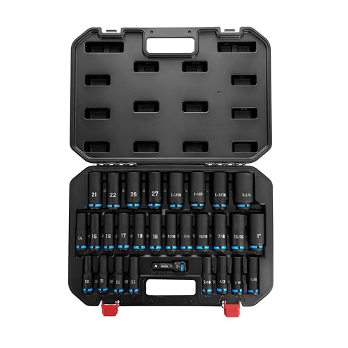 BLACK CANYON 29-Piece 1/2" Drive Deep Impact Socket Set, SAE & Metric 6-Point Sockets, Cr-Mo Impact Grade Steel, Includes 3" Extension Bar, Storage Case for Auto, Truck & Industrial Repair - size: 29 Piece