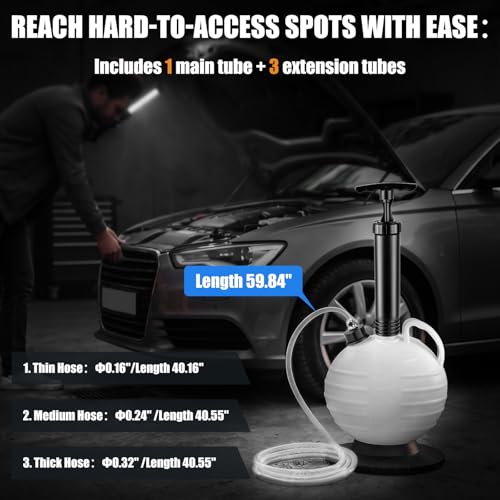 6L Vacuum Oil Extractor Pump - Portable Fluid Extractor Oil Change Pump with 59" Main Hose, Three 41" Extension Tubes & Brake Bleeding Hose for Automotive, Marine Boat Oil/Brake Fluid Change