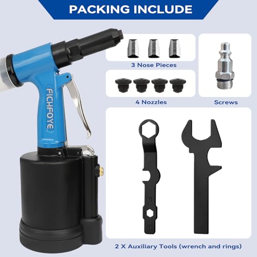 Heavy Duty Pneumatic Rivet Gun, 4000LBF Air Rivet Gun Set- 3/32", 1/8", 5/32", 3/16", 1/4" Riveter with NPT 1/4 inch for Automotive, Construction, Manufacturing Industries - color: Blue, size: 5 Nozzles