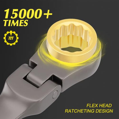 EMENTOL 24-Piece Flex Head Ratcheting Wrench Set, Metric & SAE Combination | 72 Tooth Cr-V Steel 180° Swivel Flexible Ratchet Wrench Kit for Auto, Machinery Repair & Household DIY Maintenance - size: Metric 8-19mm & SAE 1/4"-7/8"