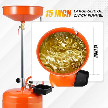 20 Gallon Waste Oil Drain Tank, Portable Air Operated Drainer With Adjustable Funnel Height 38"-65", Portable Oil Drain Container,15" Funnel Fluid Fuel Transfer Drainage With 360° Wheels & Toolbox - color: Orange