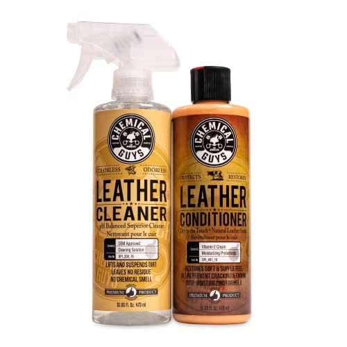 Chemical Guys, Leather Cleaner & Conditioner Kit for Cars & Home, 2 x 16 oz | Two-step kit cleans then conditions seats, furniture, bags and boots, pH-balanced for natural and sealed leather - style: 16 Fl Oz KIT