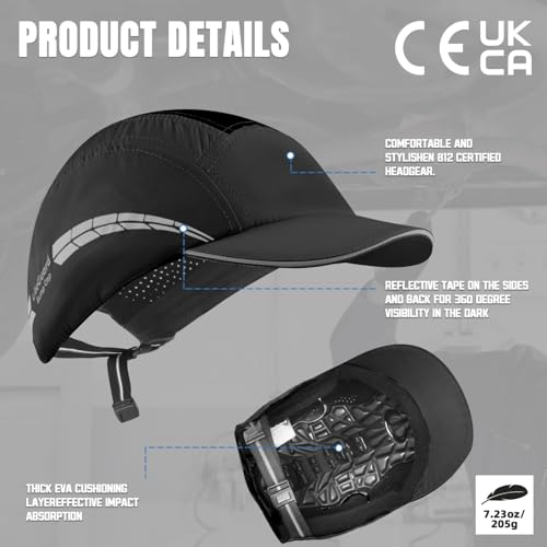 UM ULTRAMAXX Lightweight Bump Cap with Reflective Stripes, Breathable Baseball Cap Style, Head Protection Hard Hat for Men Women - color: Black