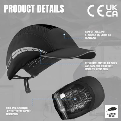 UM ULTRAMAXX Lightweight Bump Cap with Reflective Stripes, Breathable Baseball Cap Style, Head Protection Hard Hat for Men Women - color: Black