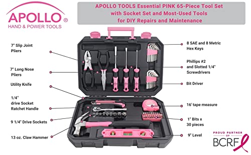 Apollo Tools 65 Piece Essential Tool Set with Sockets and Most-Used Tools for Do it Yourself Repairs and Maintenance Pink Ribbon - Pink - DT0001P - color: Pink, size: 65-Piece