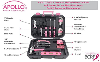 Apollo Tools 65 Piece Essential Tool Set with Sockets and Most-Used Tools for Do it Yourself Repairs and Maintenance Pink Ribbon - Pink - DT0001P - color: Pink, size: 65-Piece
