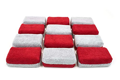 Autofiber Thick [Saver Applicator Terry] Ceramic Coating Applicator Sponge | 12 Pack | with Plastic Barrier to Reduce Product Waste. (Red/Gray) - color: Red/Gray