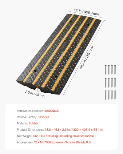 VEVOR Car Driveway Rubber Curb Ramp, 33069 lbs Load Capacity, 2.6 inch Rise Curbside Bridge Ramp with Yellow Reflective Strips, Suitable for Loading Dock, Warehouse, Garage, Sidewalk (3 Pack) - size: 48.8-inch-Long (3 Pack)