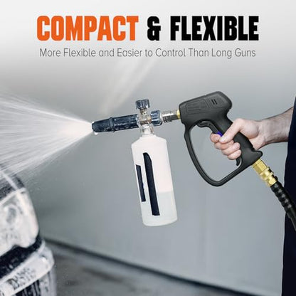 Short Pressure Washer Gun, 4000 PIS Power Washer Gun Car Washing | Stubby High Pressure Washer Gun, M22-14mm, 3/8" Male Plug, 1/4" Quick Connect, 5 Spray Nozzle, Car Wash Gun for Foam Cannon - color: Black-Fixed Inlet