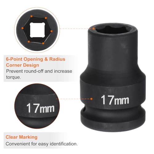 HARFINGTON 6-Point Impact Socket 3/4" Drive 17mm Metric 40Cr Alloy Steel Spindle Axle Nut Impact Socket - size: 17mm