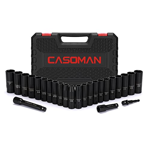 CASOMAN 25PCS 1/2" Drive Impact Socket Set, Deep, Cr-V Steel, 6 Point, Metric&SAE, 12mm to 24mm, 3/8 Inch to 1 Inch, Includes Extension Bars: 3-inch, 5-inch, 1/2-1/4 adapter - size: 1/2"Drive 25pcs Impact Socket Set