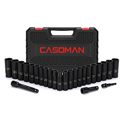 CASOMAN 25PCS 1/2" Drive Impact Socket Set, Deep, Cr-V Steel, 6 Point, Metric&SAE, 12mm to 24mm, 3/8 Inch to 1 Inch, Includes Extension Bars: 3-inch, 5-inch, 1/2-1/4 adapter - size: 1/2"Drive 25pcs Impact Socket Set