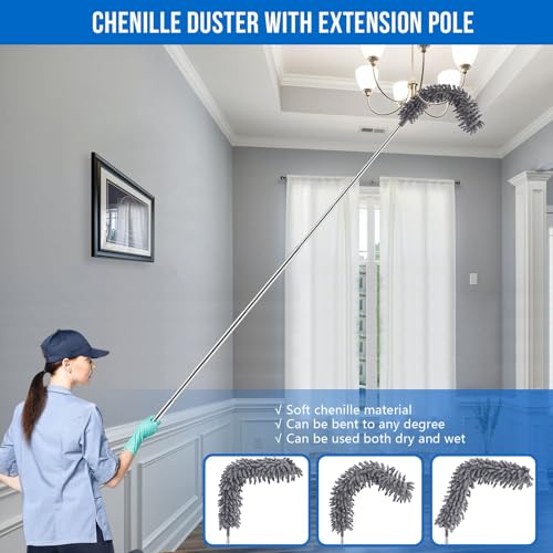 UIMO Microfiber Feather Duster 5-in-1 Kit for Dusting and Cleaning | 30–100" Extension Pole, Anti-Slip Grip, Bendable Washable Heads for Ceiling Fan, Furniture, Car (Blue) - color: Blue