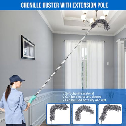 UIMO Microfiber Feather Duster 5-in-1 Kit for Dusting and Cleaning | 30–100" Extension Pole, Anti-Slip Grip, Bendable Washable Heads for Ceiling Fan, Furniture, Car (Blue) - color: Blue