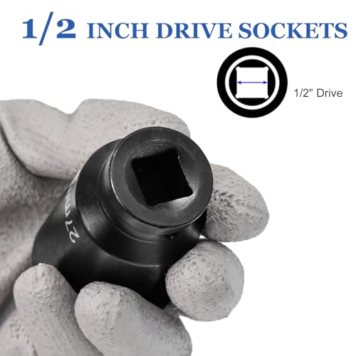 35pcs 1/2" Drive Deep Impact Socket Set, Axle Hub Nut 6-Point Metric 8-32mm CR-V Steel Heavy Duty Sockets Tool Set with L Shape Extension Breaker Bar for Vehicle Repair Maintainance (22508#) - style: 22508#