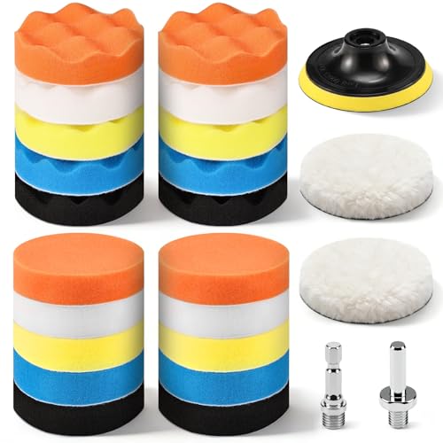 GOH DODD 4 Inch 24 Pieces Buffing Polishing Pads, Car Foam Drill Polishing Pad Kit Sponge Pads Buffer Polisher Kit Headlight Restoration Kit with Wool Pads for Car Polishing, Waxing and Cleaning - color: 24 Pieces