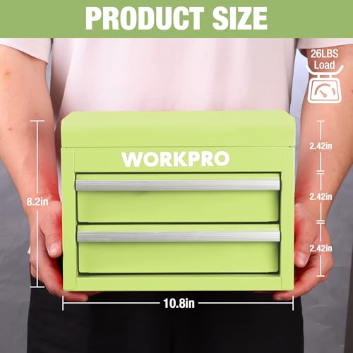 WORKPRO Metal Mini Tool Box with 2 Drawers and Top Storage | Cold Rolled Steel Toolbox, Ball Bearing Slides, PVC Drawer Liners, PP Feet Pads, Durable Storage - color: Macaron Green