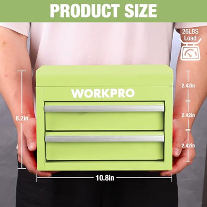 WORKPRO Metal Mini Tool Box with 2 Drawers and Top Storage | Cold Rolled Steel Toolbox, Ball Bearing Slides, PVC Drawer Liners, PP Feet Pads, Durable Storage - color: Macaron Green