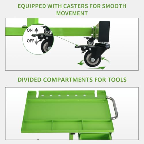 Rolling Tool Tray,220lbs Capacity Tear Down Work Table with Drawers,Rolling Work Table for Garage, Shop, DIY(Green)