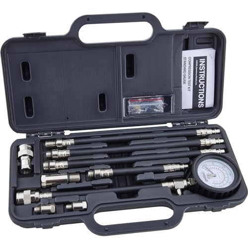 Compression Test Kit, Standard Gauge, For Auto, Marine & Small Engines | Includes Multiple Adapters and Hoses, Air Hold Quick Connect Feature, Molded Case for Easy Storage and Transport