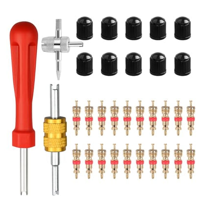 Car Tire Valve Stem Removal Tool, Multifunction Vehicle Wheel Air Stem Remover Installation Tool with 20 Valve Cores and 10 Caps, Automotive Tires Repair Accessories, Universal Fit