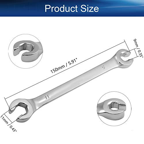 Auniwaig 2-Piece Flare Nut Wrench 9mm x 11mm, Metric, Polished Chrome Plated for Removing or Replacing Nuts on Fuel, Brake or Air Conditioning Lines - size: 9x11mm
