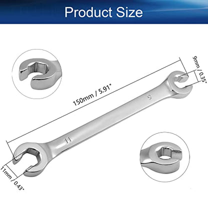 Auniwaig 2-Piece Flare Nut Wrench 9mm x 11mm, Metric, Polished Chrome Plated for Removing or Replacing Nuts on Fuel, Brake or Air Conditioning Lines - size: 9x11mm