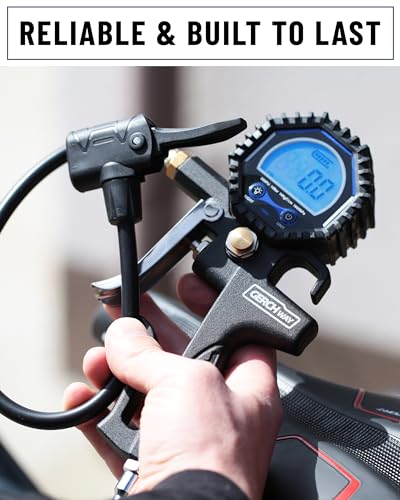 Presta Valve Adaptor with Pressure Gauge and Inflator for Air Compressor | 3-200 PSI, ±1% Accuracy, Longer Hose, Digital, Schrader to Presta Valve Air Chuck