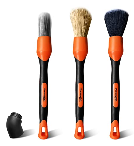 YeewayVeh 3pcs Car Detailing Brush Set, Boars Hair Detailing Brushes, Ultra Soft Detail Brush for Air Vent Leather Seat, Scratch Free Car Detailing Brushes for Interior Exterior, Orange - color: Orange/Black, size: 3 Pack