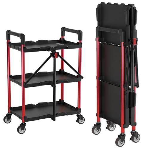 WORKPRO 3-Tier Collapsible Utility Cart, 210 LBS Cart with Wheels | No Assembly Required, Foldable Service Cart with Spacious Shelves for Garage, Warehouse, Office & Home Use, Black/Red - color: Black/Glossy Red