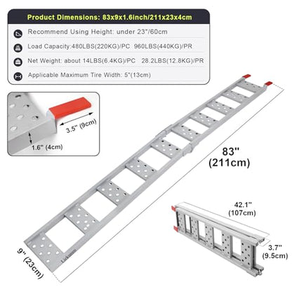LIEKUMM 83" ATV Ramps 2-Pack, 960 lbs Capacity Folding Loading Ramps for Pickup Trucks, Heavy Duty Truck Ramps for Trailer, Lawn Mower (Silver) - size: 83"L(Silver/2PCS)