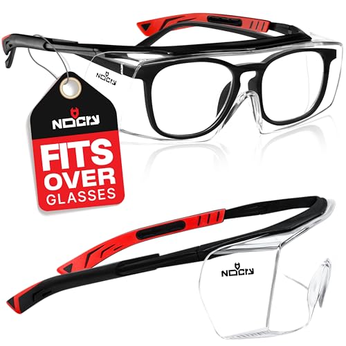 NoCry Safety Glasses Over Eyeglasses for Men and Women with Anti Scratch Lenses and Integrated Side Shields — Adjustable Temples with Anti-Slip Tips — 100% UV Protective Eyewear — ANSI Z87 Certified - color: Black & Red