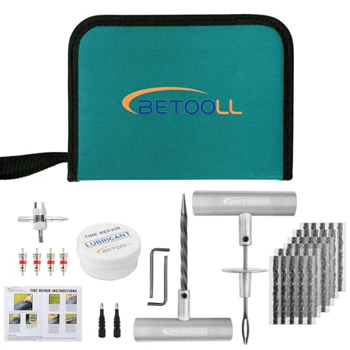 BETOOLL Tire Repair Kit, 44 Pcs Professional Heavy Duty Universal Emergency Flat Tire Repair Kit to Fix Punctures, for car Motorcycle, Truck, Golf Cart, ATV, Tractor, ARB, RV, SUV, Trailer etc. - size: 05- 44pcs (Classic Green)