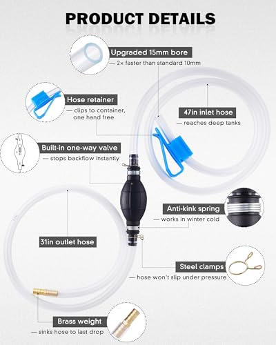 Gas Siphon Hose Pump, Manual Fuel Transfer Pump for Gasoline, Diesel, Water | Fast Flow Hand Syphon Pump w/ Thickened Hose, Portable Fluid Transfer Pump for Gas Can, Lawn Equipment, Emergency Refueling