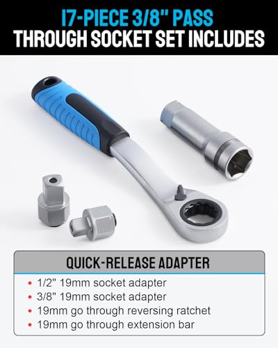3/8” & 1/2” Drive Pass Through Socket Set, 17-Piece Metric Go-Thru Ratchet Kit, Low Profile for Long Bolts & Tight Spaces, Includes Extension Bar & Adapters, Cr-V Steel - size: 17 Pcs