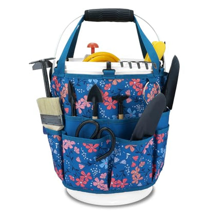 KUNN Bucket Organizer 5 Gallon 18-Pocket Tool Bucket Bag with 6 Hooks, Gardening Tool Holder Caddy for Gardeners, Outdoor Yard Work, Soil Plant Flower Gardening Accessories with Grip Pad, Blue - style: Blue Floral