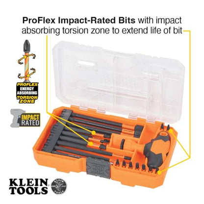Klein Tools 33804 ProFlex Impact-Rated Interchangeable Ratcheting T-Handle Set, Torsion Zone, Magnetic Bit Holder, SAE, Metric, TORX