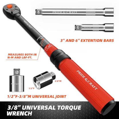 PRIDE&CRAFT 14-Piece Crowfoot Wrench Set, 3/8 Inch Drive Click Torque Wrench with Metric Crowfoot Wrench Heads (10-19mm), 2 Extension Bars, 1/2”F - 3/8”M Universal Joint, One Set for All Purposes - color: Silver