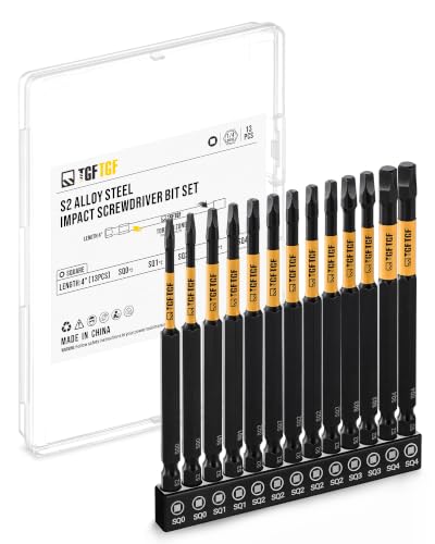 TGFTGF 13-Piece Square Drive Bit Set SQ0-SQ4, 4 inch CNC Machined Robertson Driver Bits SQ0,SQ1,SQ2,SQ3,SQ4, S2 Alloy Steel, Magnetic Impact Driver Bits 1/4" Hex Shank with Storage Box