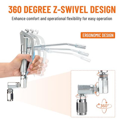 Grease Control Handle Valve for Grease Pump | 18" Flexible Spout with 4 Jaws Coupler, 1/4" NPT(f) Inlet Thread, 7500 PSI Max Working Pressure, 360 Degree Z Swivel Design