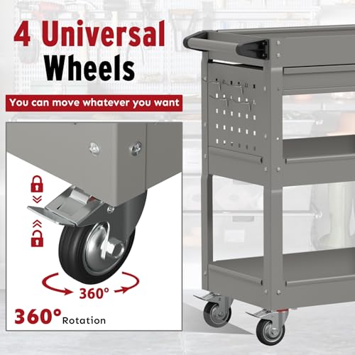 3 Tier Rolling Cart, Heavy Duty Utility Industrial Service Carts on Wheels, Metal Tool Cart with Locked Drawers, Ideal for Garage, Warehouse and Repair Shop (Grey) - color: Gray