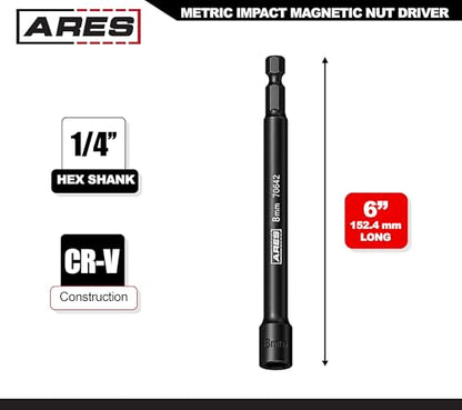 ARES 70642 8mm Magnetic Impact Nut Driver | Impact Grade Nut Setter with Industrial Strength Magnet - size: 8mm Magnetic Impact Nut Driver
