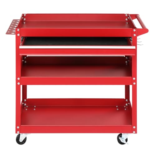 Generic 3-Tier Rolling Tool Cart, Black Steel, 330 LBS Capacity, Wheels with Lock, Pegboard & Drawers, Ideal for Garage, Warehouse & Home Use - color: B