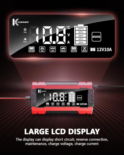 12V 10A Smart Battery Charger for Car and Motorcycle Battery Maintainer & Trickle Charger with Pulse Repair LCD Display Temperature Compensation for AGM Gel SLA Deep Cycle Lead Acid Batteries - color: Red-Black