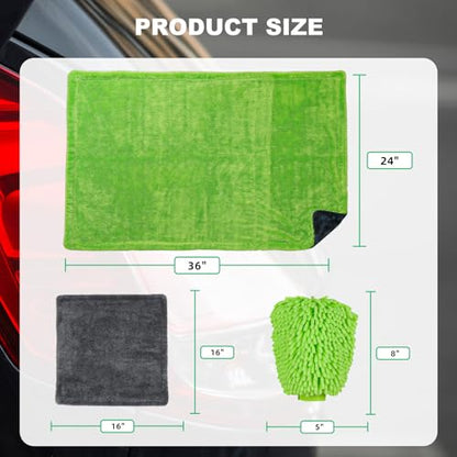BRUSH FAMILY 3 Pack Car Microfiber Towels with Car Wash Mitt | 1200 GSM 35”x24”& 16"x16" Microfiber Car Drying Towels Ultra-Absorbent, Streak Free, Double Twisted-Loop Cleaning Cloth