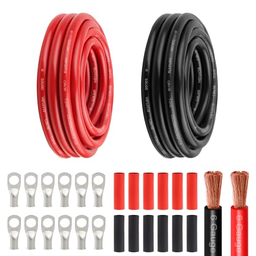 6 Awg Battery Power Cable -15FT Red + 15FT Black 6 Gauge Flexible Welding Cable OFC Copper Wire with Lugs Terminal Connectors and Heat Shrink Tube for Automotive, Battery, Inverter,Boat and Generator - color: Red+black-15ft, size: 6AWG